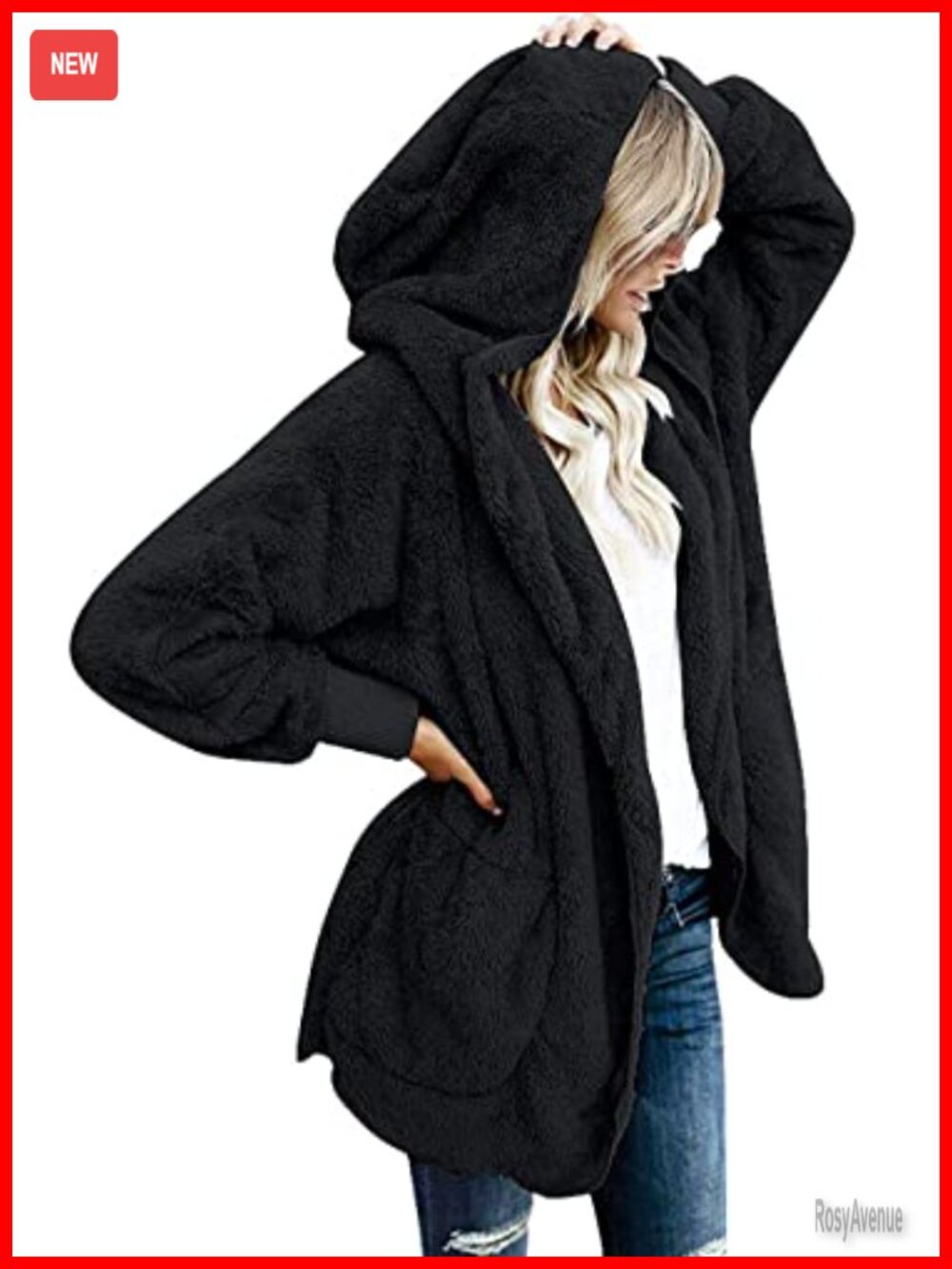 Womens Fuzzy Fleece Hooded Cardigan Open Front Sherpa Coat with Pockets